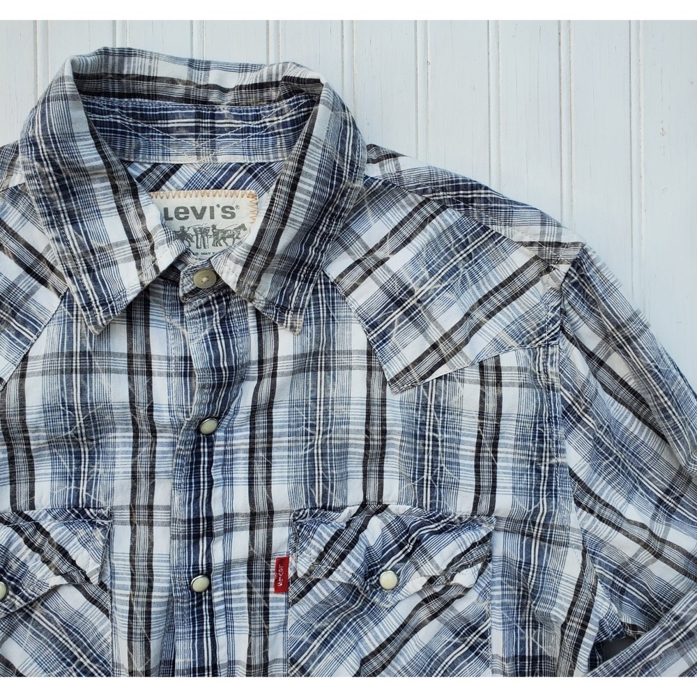 Levis Mens Blue Plaid Western Pearl‎ Snap Shirt Long Sleeve Cotton Small